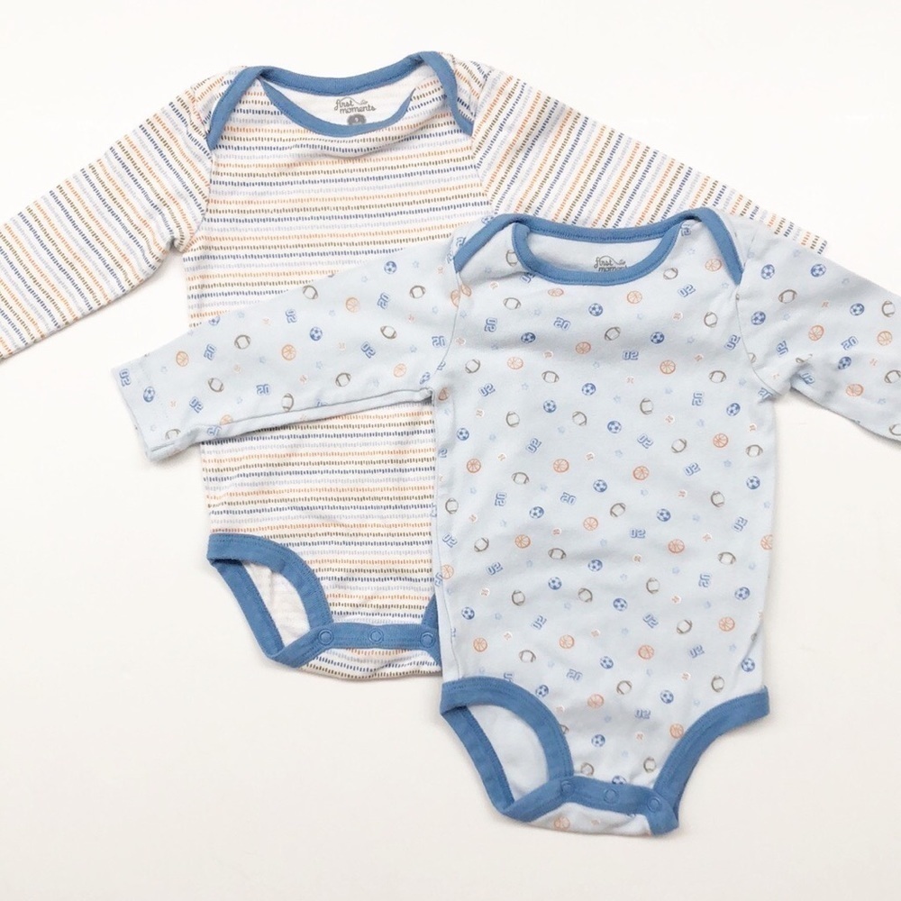First Moments striped/sports print long sleeve bodysuit set
